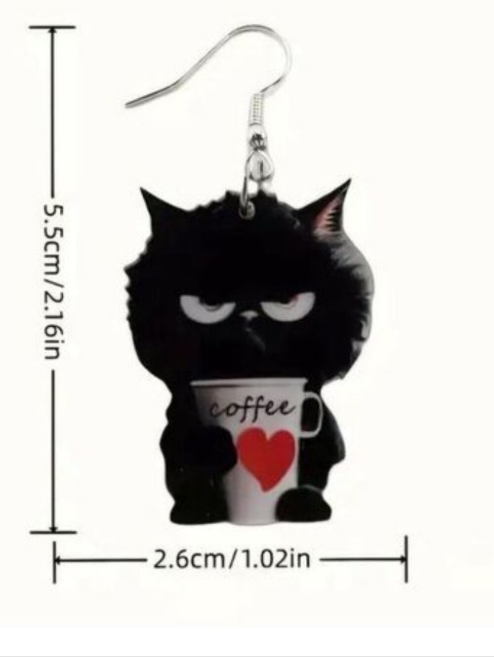Black cat holding a coffee dangle earrings - Picture 3 of 6